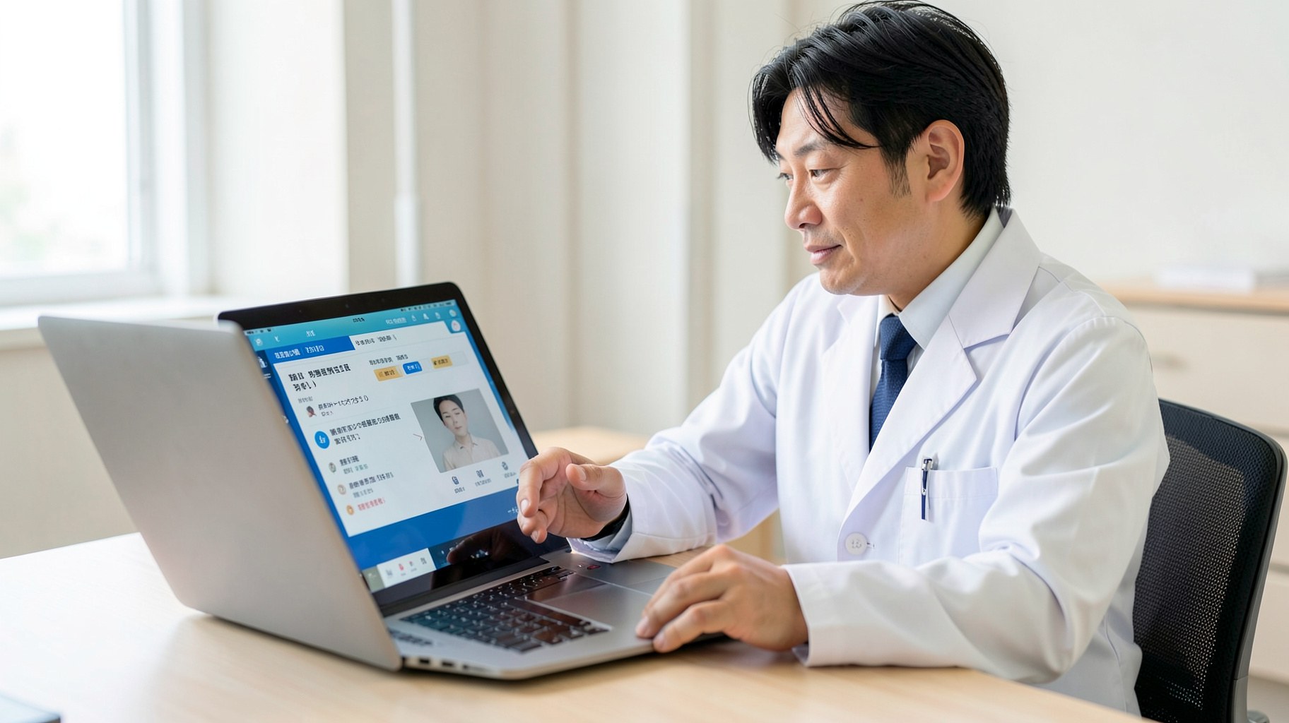 オンライン診療で治療方針をタブレットで説明する医師